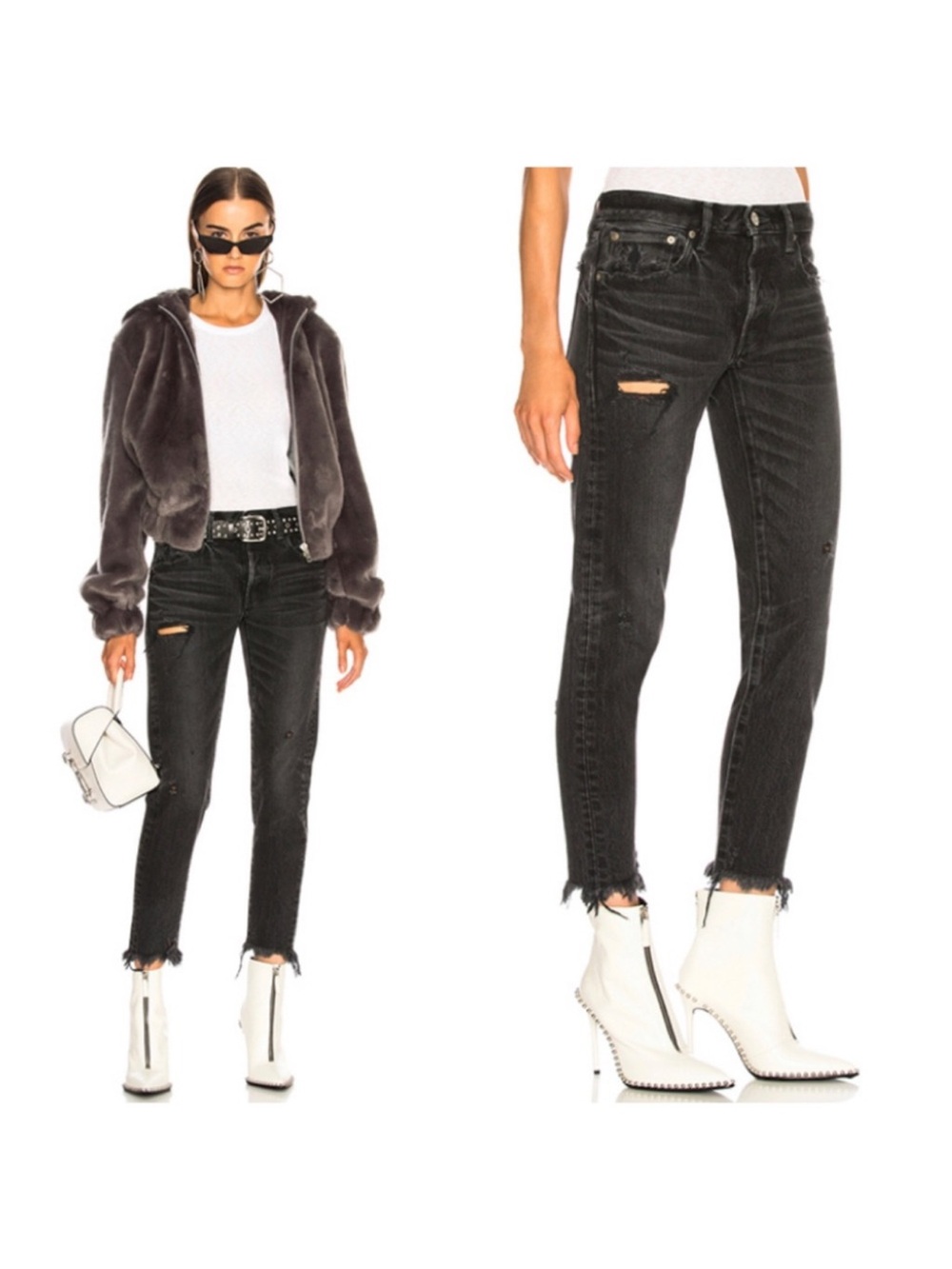 Moussy Vintage MV Kelley Black Distressed Tapered Jeans with Frayed Hem